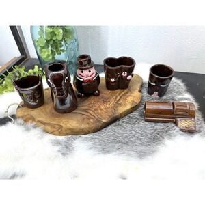 Vintage Funny Redware Pottery Japan Shot glass set Novelty Giftware 1960 barware